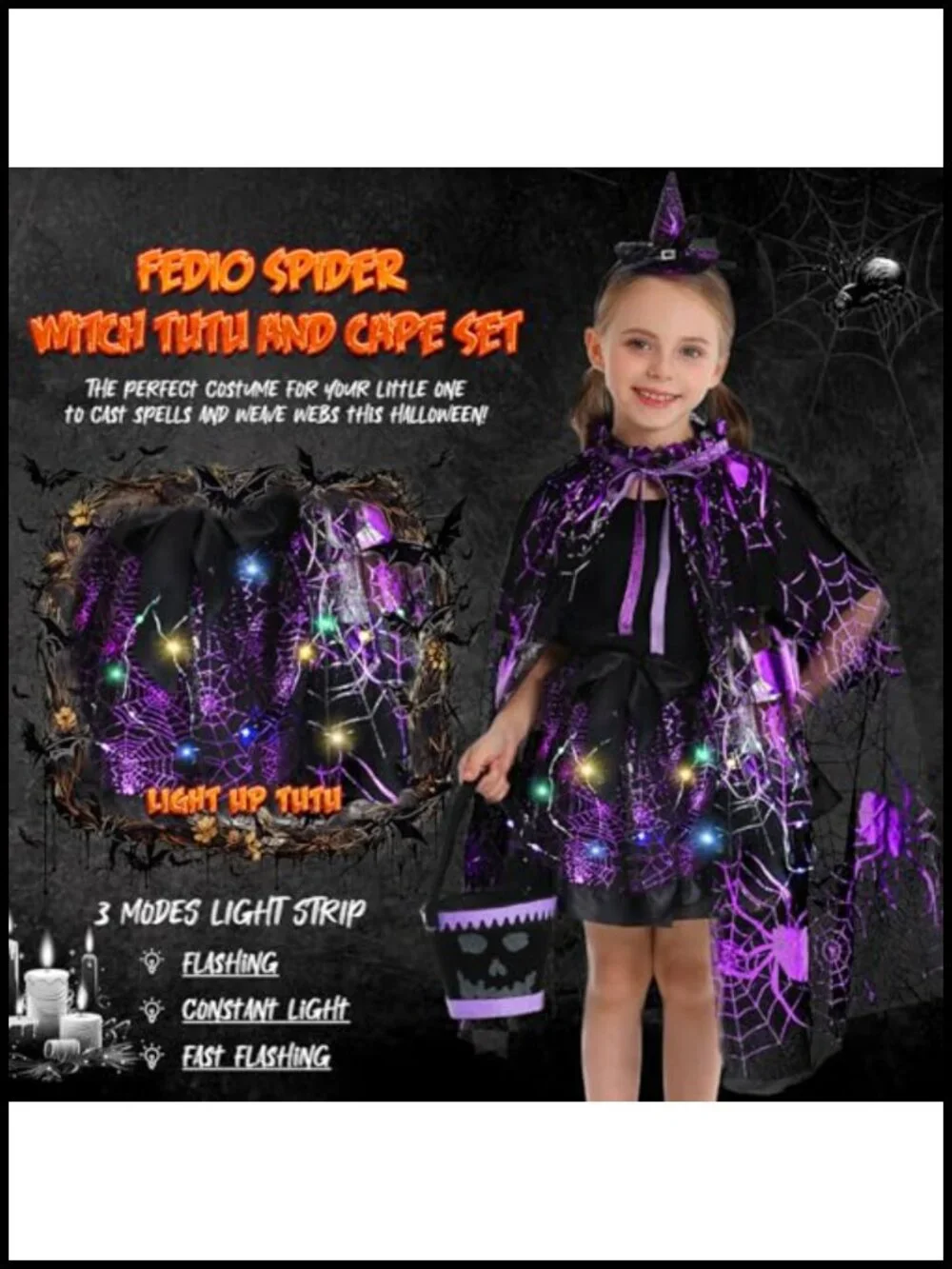 Girls Spider Witch Halloween Costume Set with Light Up Tutu Cape and Trick or